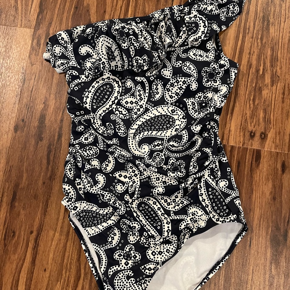 Boden Black and White One-Shoulder Swimsuit